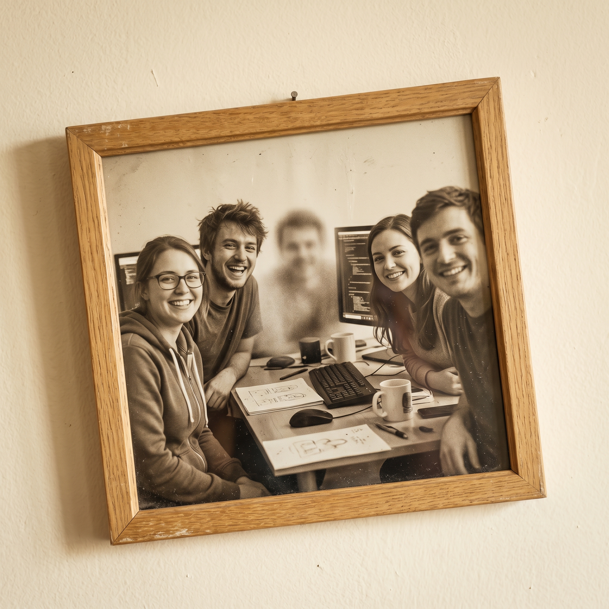 Ein leicht schief hängender gerahmter Gruppenfoto eines Indie-Teams an der Wand, ein Gesicht sanft herausgeblurt — Sinnbild für das stille Verschwinden eines Teammitglieds, über das niemand gesprochen hat.