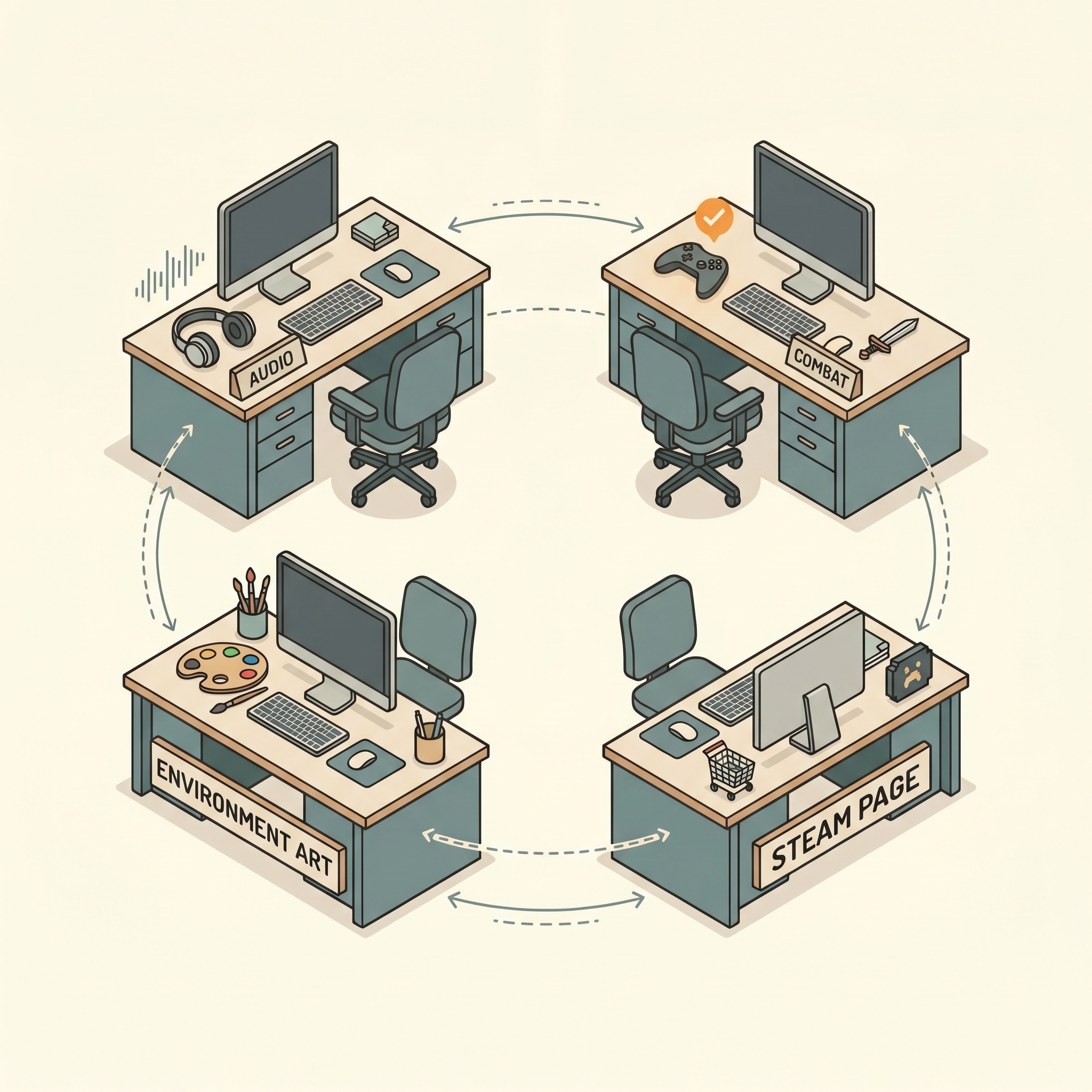Isometrische Illustration von vier beschrifteten Schreibtischen in einem Ring, jeder mit einem eigenen Bereich (Audio, Combat, Steam-Seite, Environment Art), verbunden durch dünne Linien — die Struktur eines Accountability Circles visualisiert.