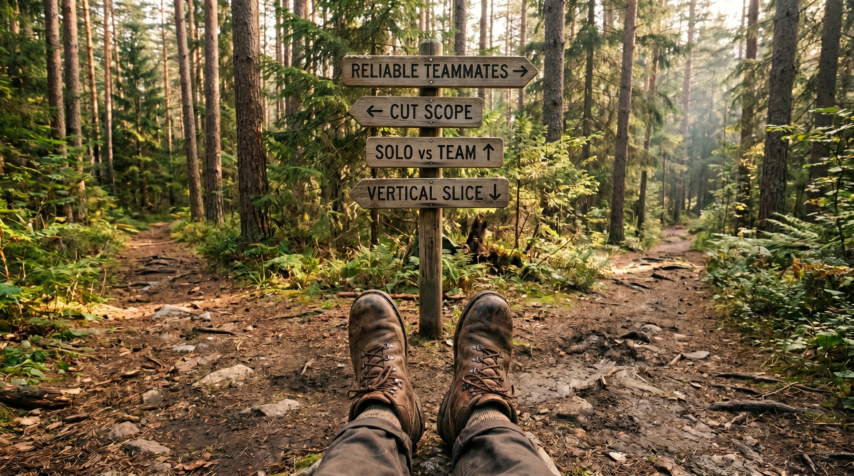 Ein Paar Wanderstiefel an einer gegabelten Waldweg-Kreuzung, mit Holzschildern, die in vier Richtungen zeigen — jedes beschriftet mit dem Slug eines verwandten Clowdr-Blogposts — als Bild für die nächste Navigationsentscheidung der Leser:in.