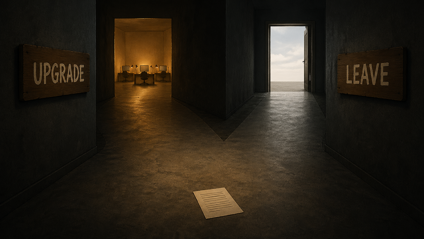 First-Person-Blick durch einen dunklen Korridor, der sich in zwei Wege gabelt: einer mit der Aufschrift UPGRADE führt zu einem warm beleuchteten Studio, der andere mit der Aufschrift LEAVE zu einer offenen Ausgangstür.