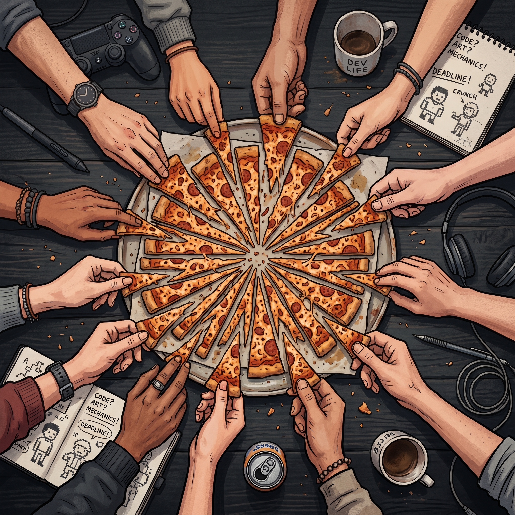 Eine in zu viele dünne Stücke geschnittene Torte zeigt, wie Rev-Share-Prozente bedeutungslos werden, wenn zu viele unbezahlte Mitwirkende sich unsicheren Umsatz teilen.